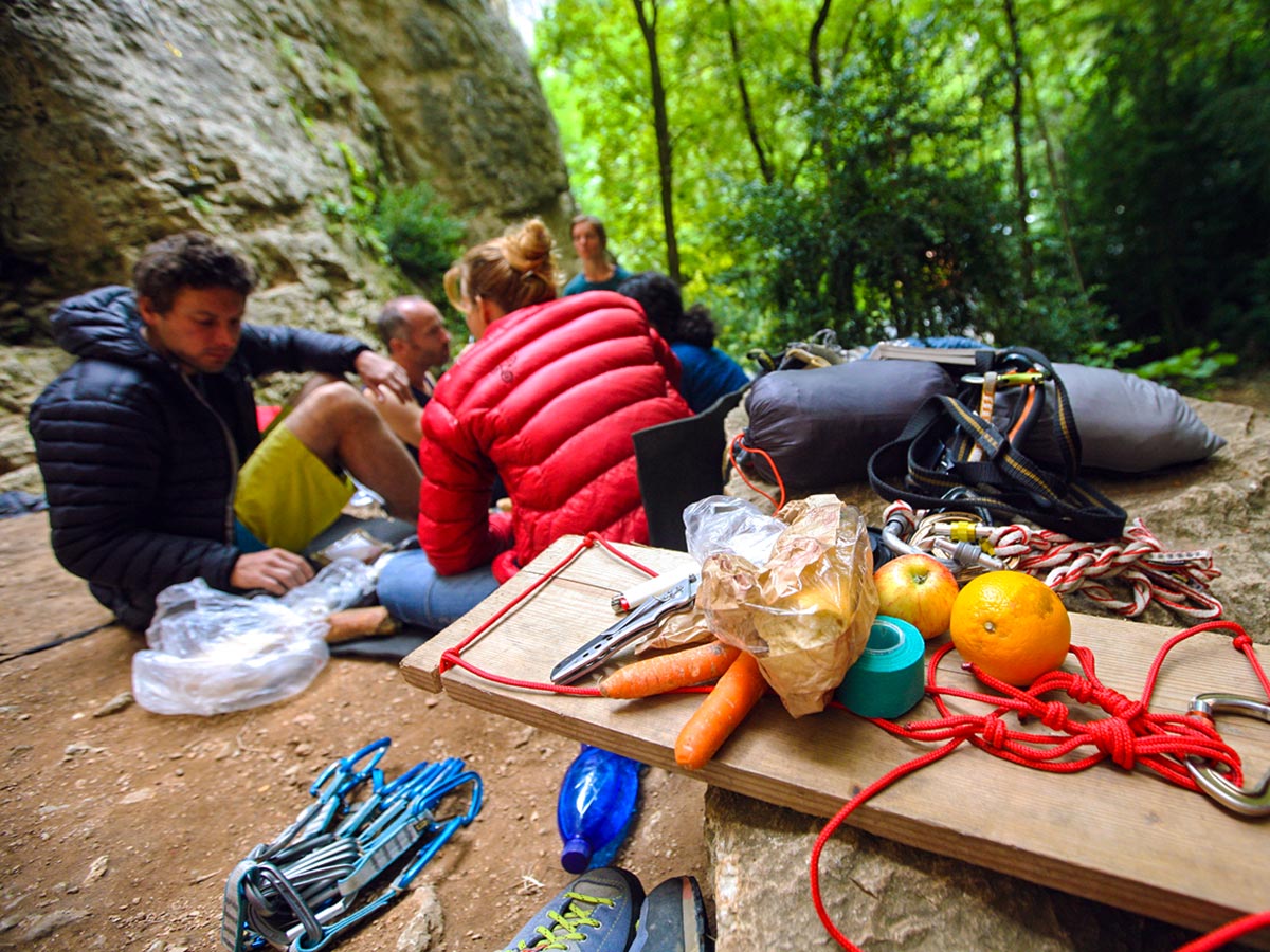 Lunch break on climbing camp at Gorges du Tarn in France