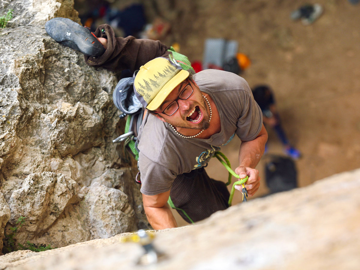 Happy climber on climbing camp at Gorges du Tarn in France