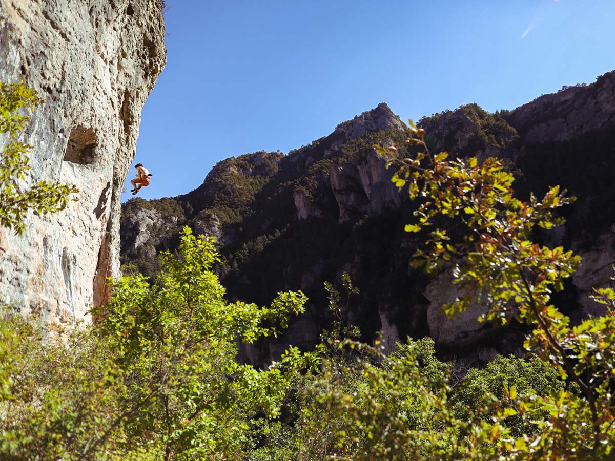 Rock climber on climbing camp at Gorges du Tarn in France