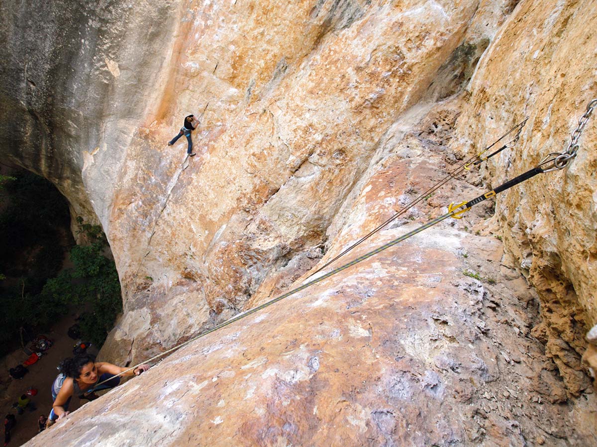 Vertical rock wall on climbing camp at Gorges du Tarn in France