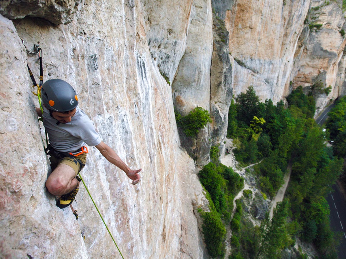 Climber on climbing camp at Gorges du Tarn in France