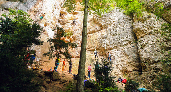 Group of climbers on rock climbing camp in the Gorges du Tarn, France