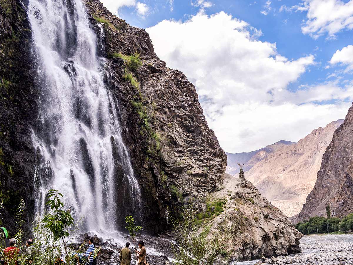 Mhantoka Waterfall near Indus River on guided Overland Tour in Skardu Valley Pakistan