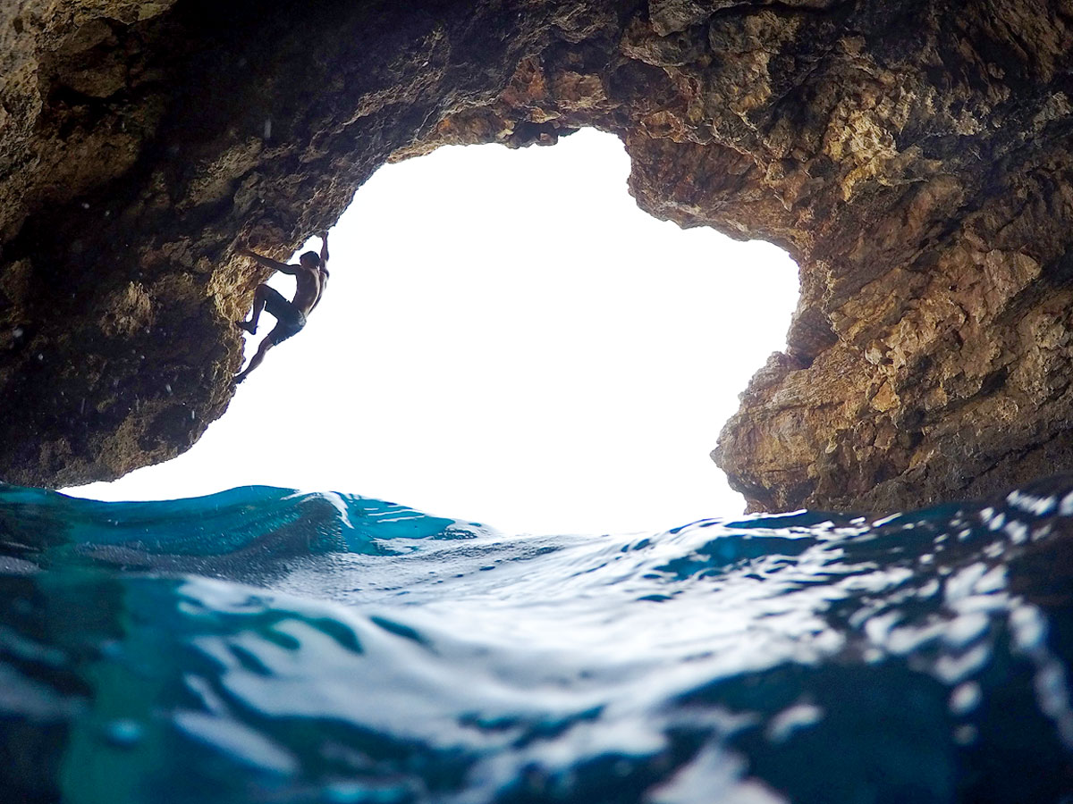 Rock climber on DWS camp in Mallorca, Spain