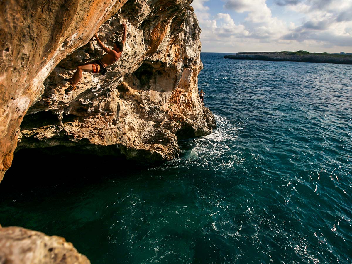 Beautiful rock formations on deep water solo climbing tour in Mallorca, Spain