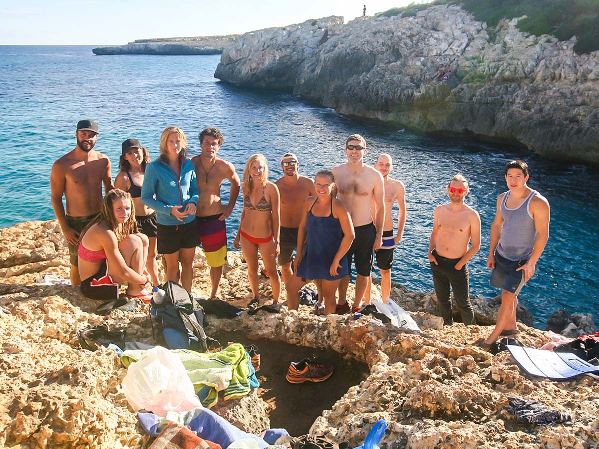 Climbers in Mallorca on deep water solo camp