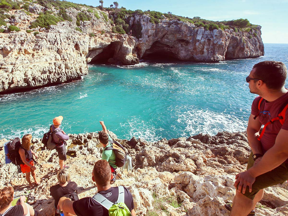 Group of climber before the deep water solo climbing tour in Mallorca, Spain