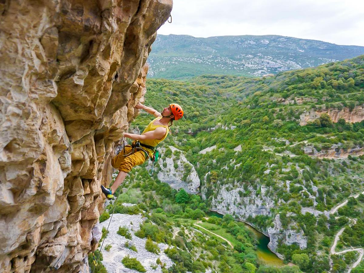 Rock climber in Rodellar on climbing tour with Klemen Bečan