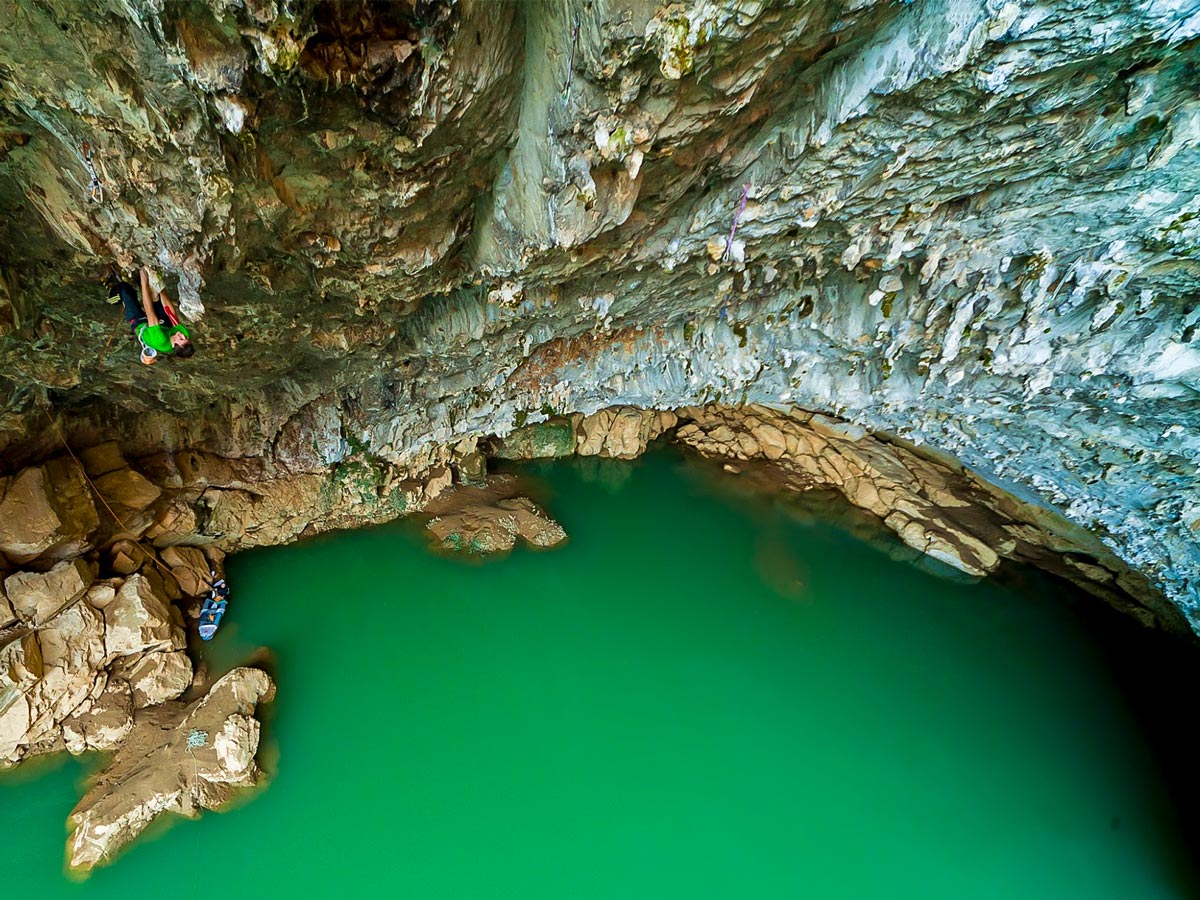 Beautiful turquoise water on rock climbing camp in Spain