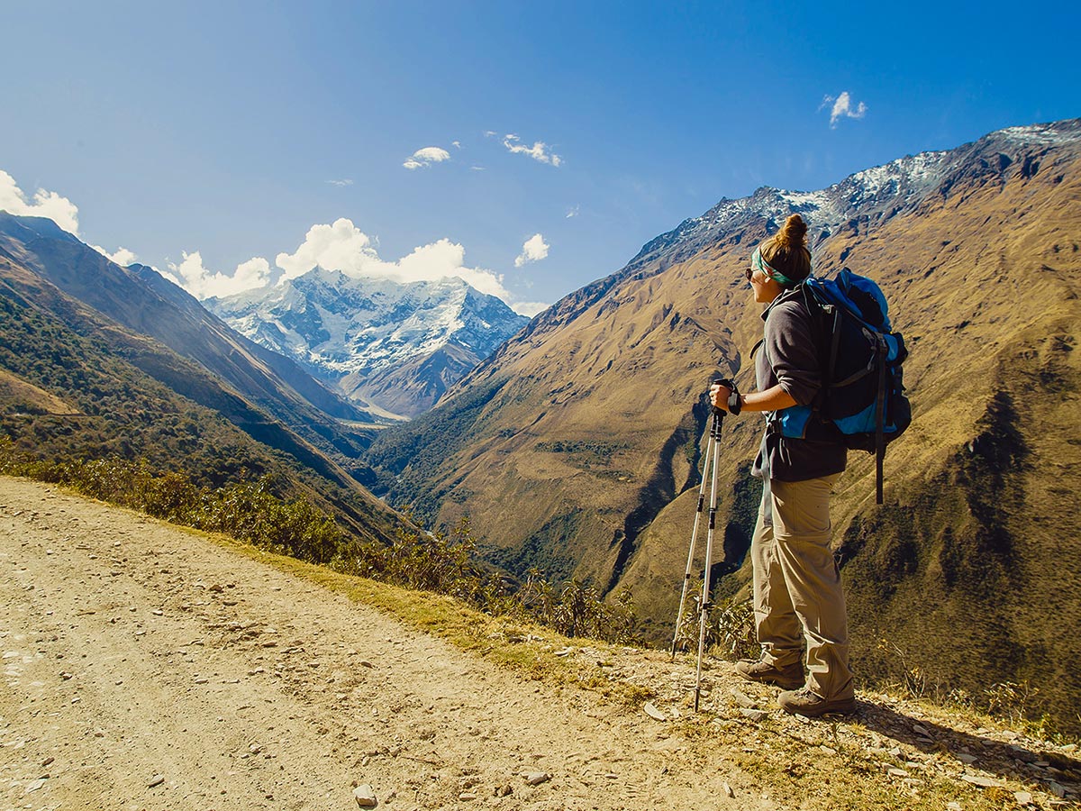 Hiker and beautfiul scenery on Salkantay Trek to Machu Picchu in Peru