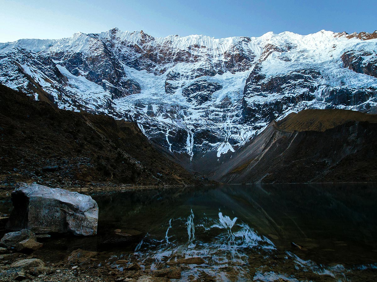 Ice falls mountains and beautiful lake on Salkantay Trek to Machu Picchu in Peru