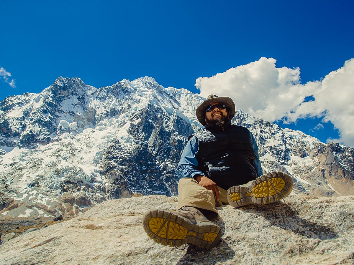 Hiker resting on Salkantay Trek to Machu Picchu in Peru