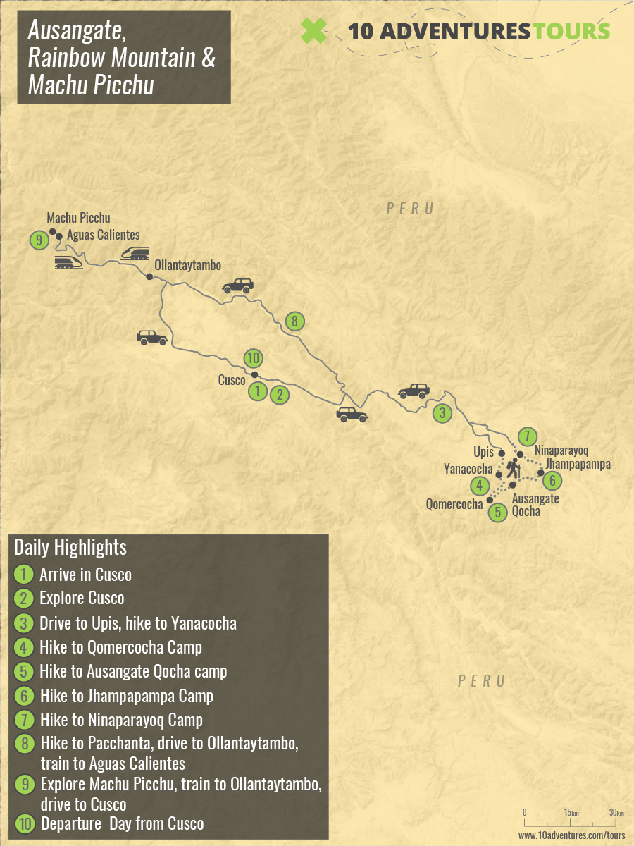 Map of guided Ausangate, Rainbow Mountain & Machu Picchu tour in Peru