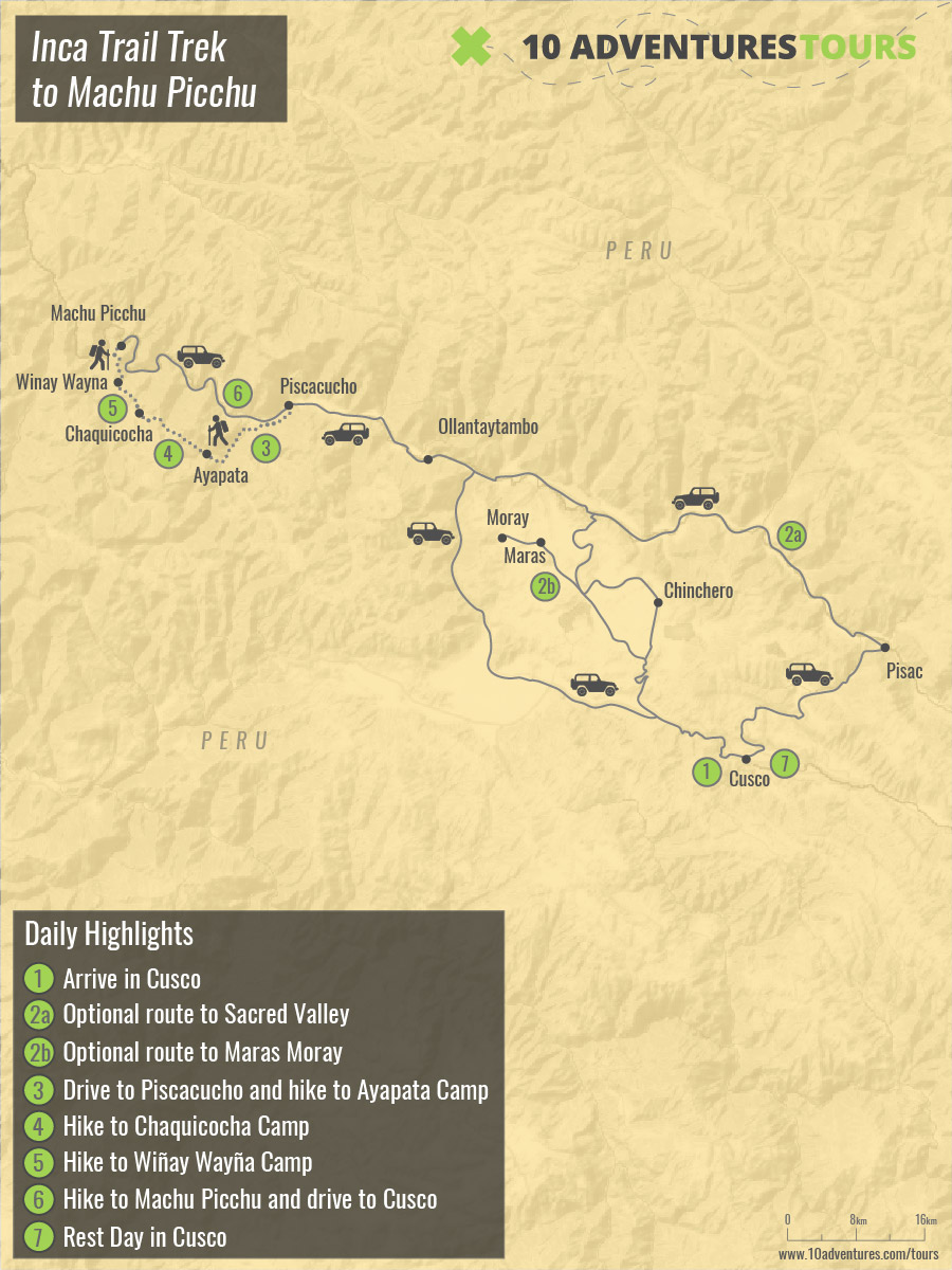 Map of guided Inca Trail Trek to Machu Picchu tour in Peru