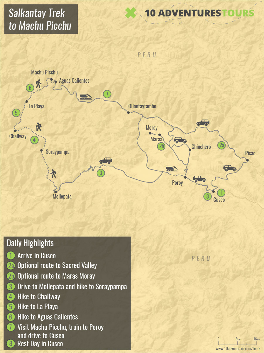 Map of guided Salkantay Trek to Machu Picchu trek in Peru
