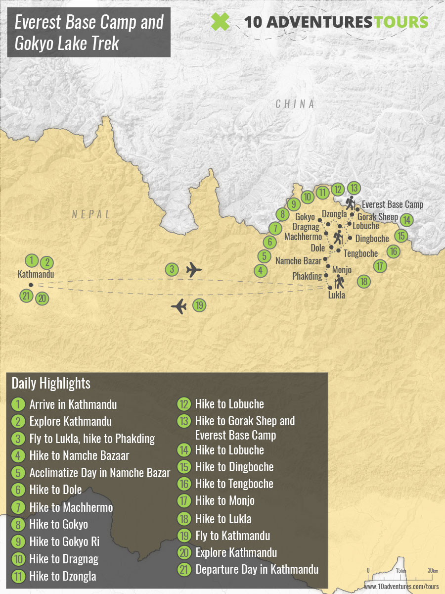 Map of guided Everest Base Camp and Gokyo Lake Trek in Himalayas, Nepal