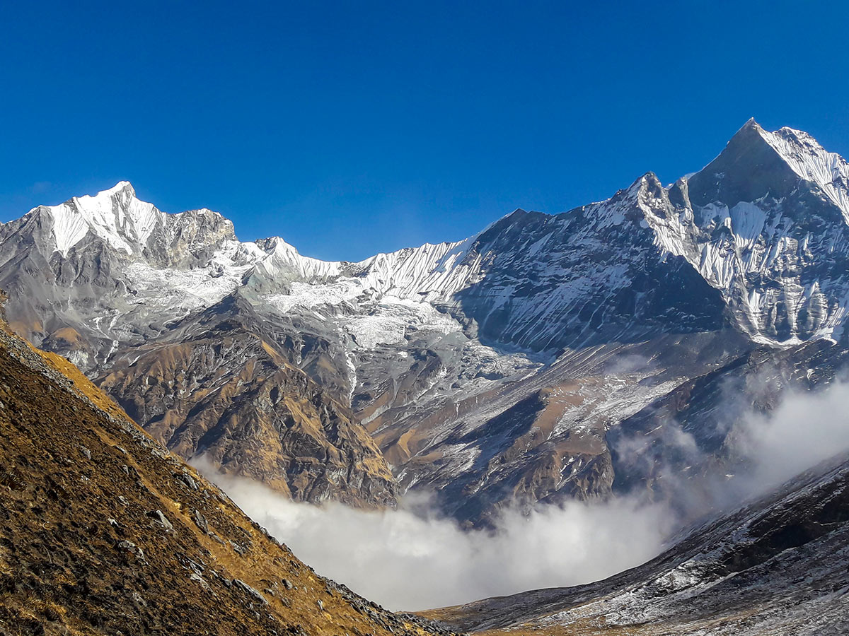 Snowy peaks on Annapurna Base Camp Guided Trek in Nepal