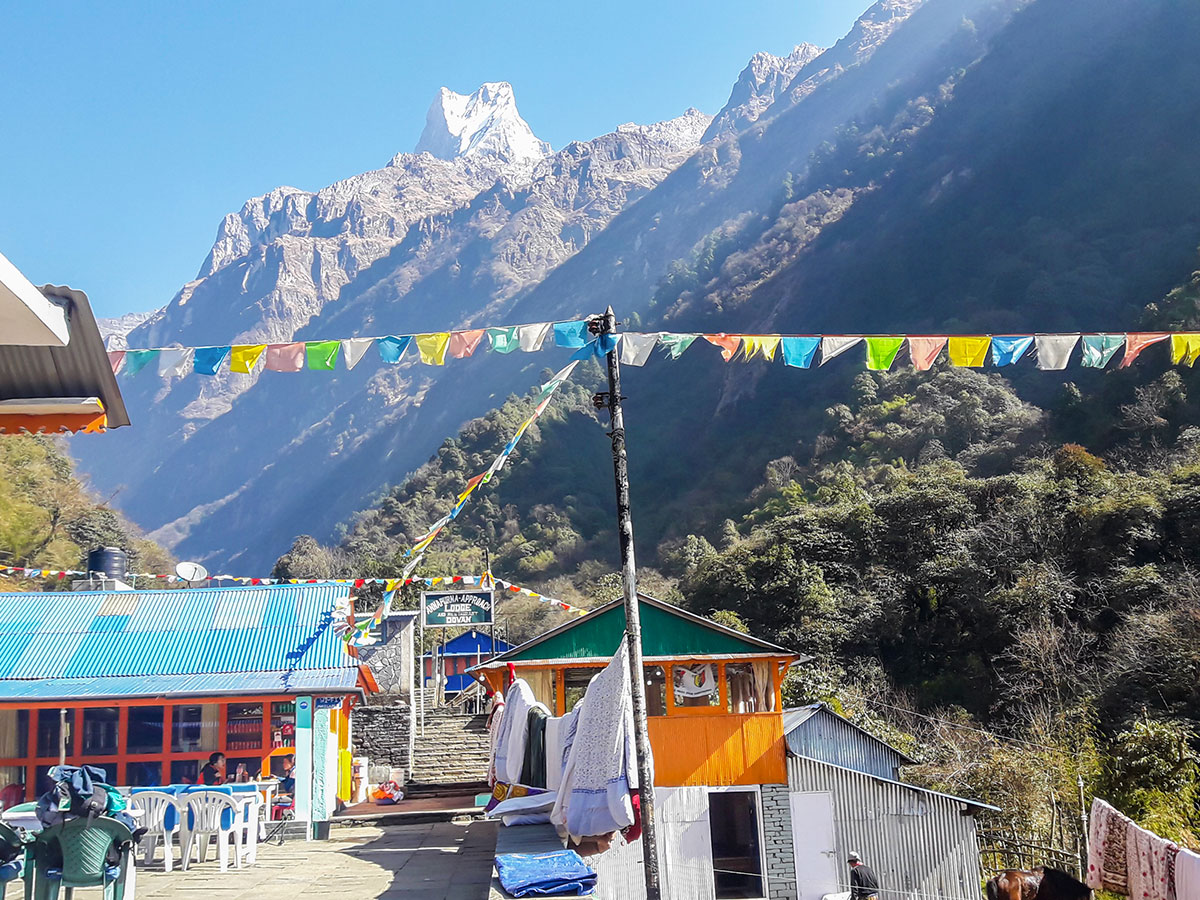 Prayer flags over the lodge on Annapurna Base Camp Guided Trek in Nepal