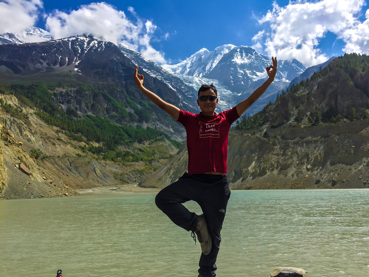 Hiker near Kali Gandaki river on guided Annapurna Circuit hike in Nepal