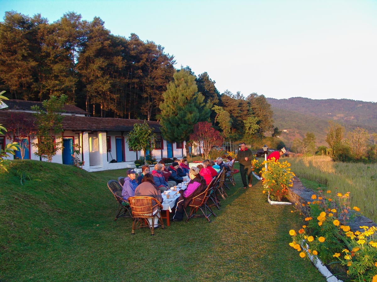 Stunning mountain views during dinner on Annapurna and Everest Luxury Lodge Trek