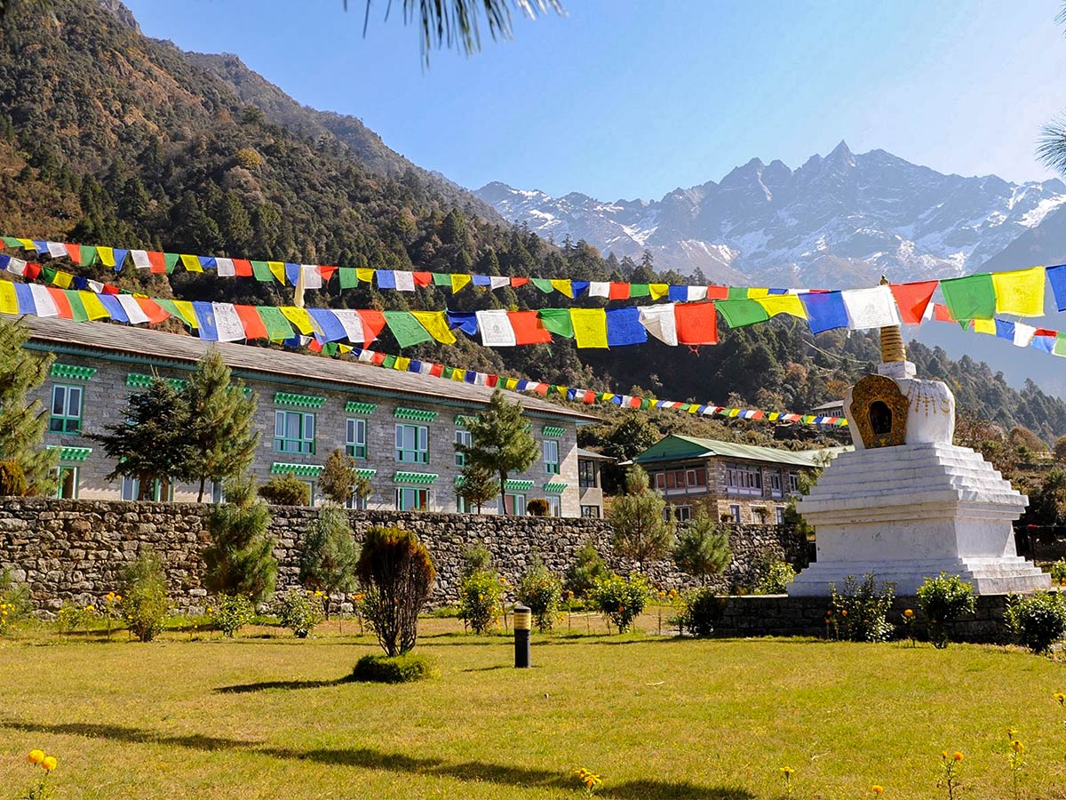 Luxury Lodge under prayer flags on Annapurna and Everest Luxury Lodge Trek