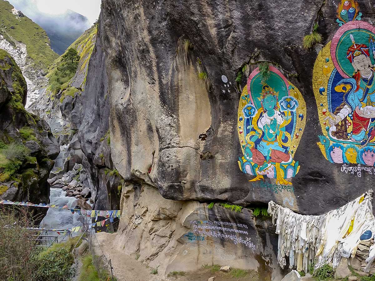 Beautiful marking on the rocks along the trail of Everest Base Camp trek in Nepal