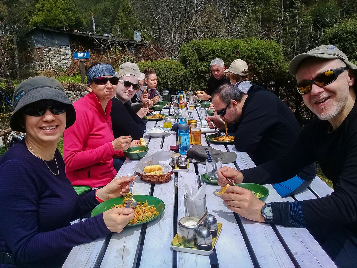 Group of hikers having lunch on Everest Base Camp trek in Nepal