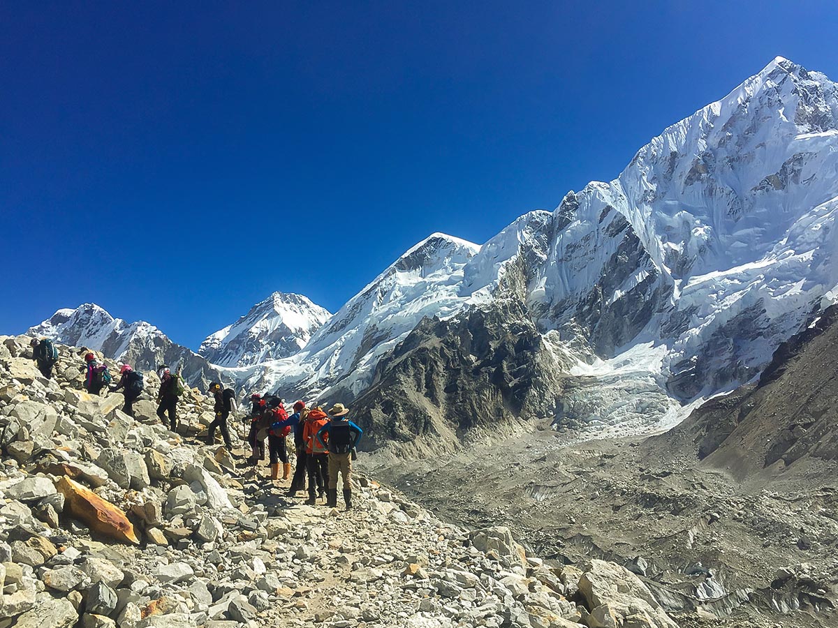 Group of trekkers in Himalayas on Everest Base Camp trek in Nepal