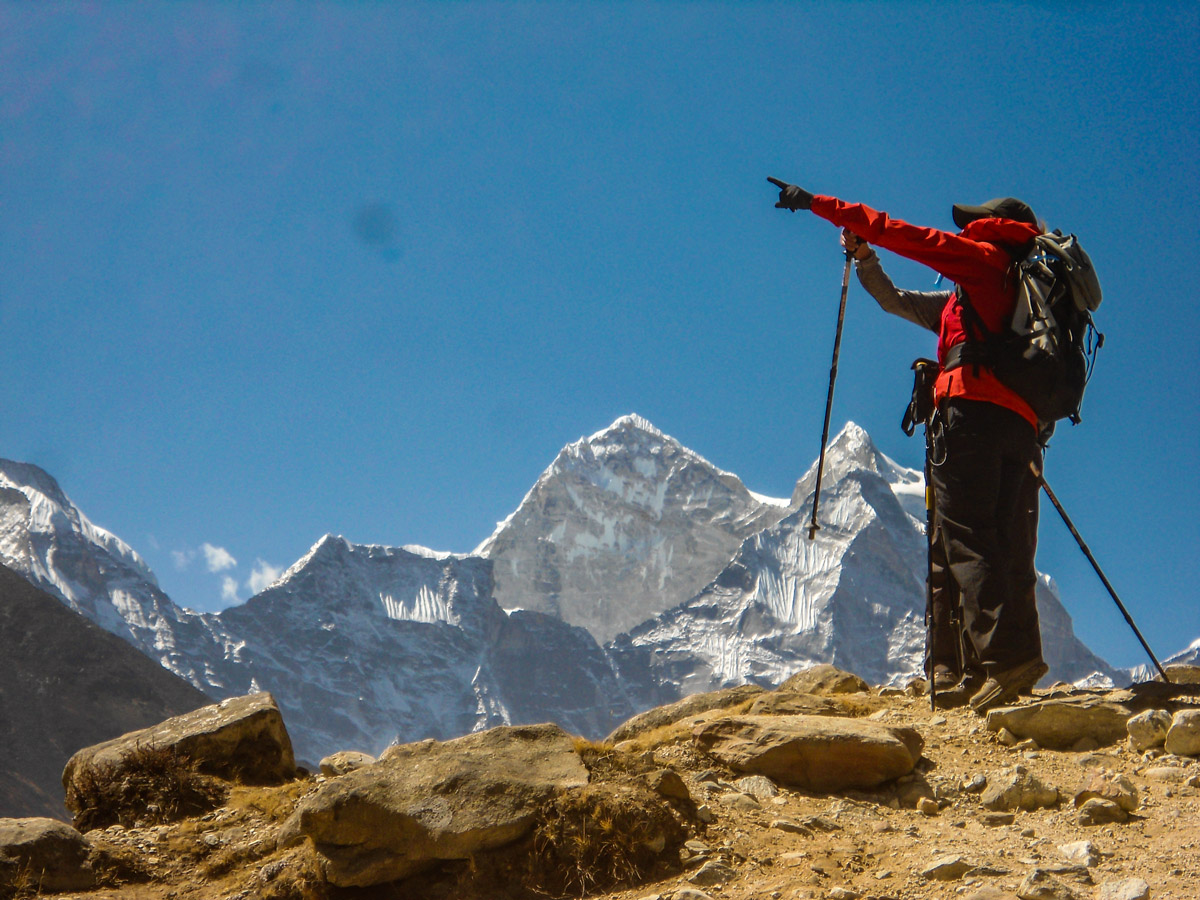 Hiker in front of the mountain on Everest Base Camp and Gokyo Lake trek in Nepal