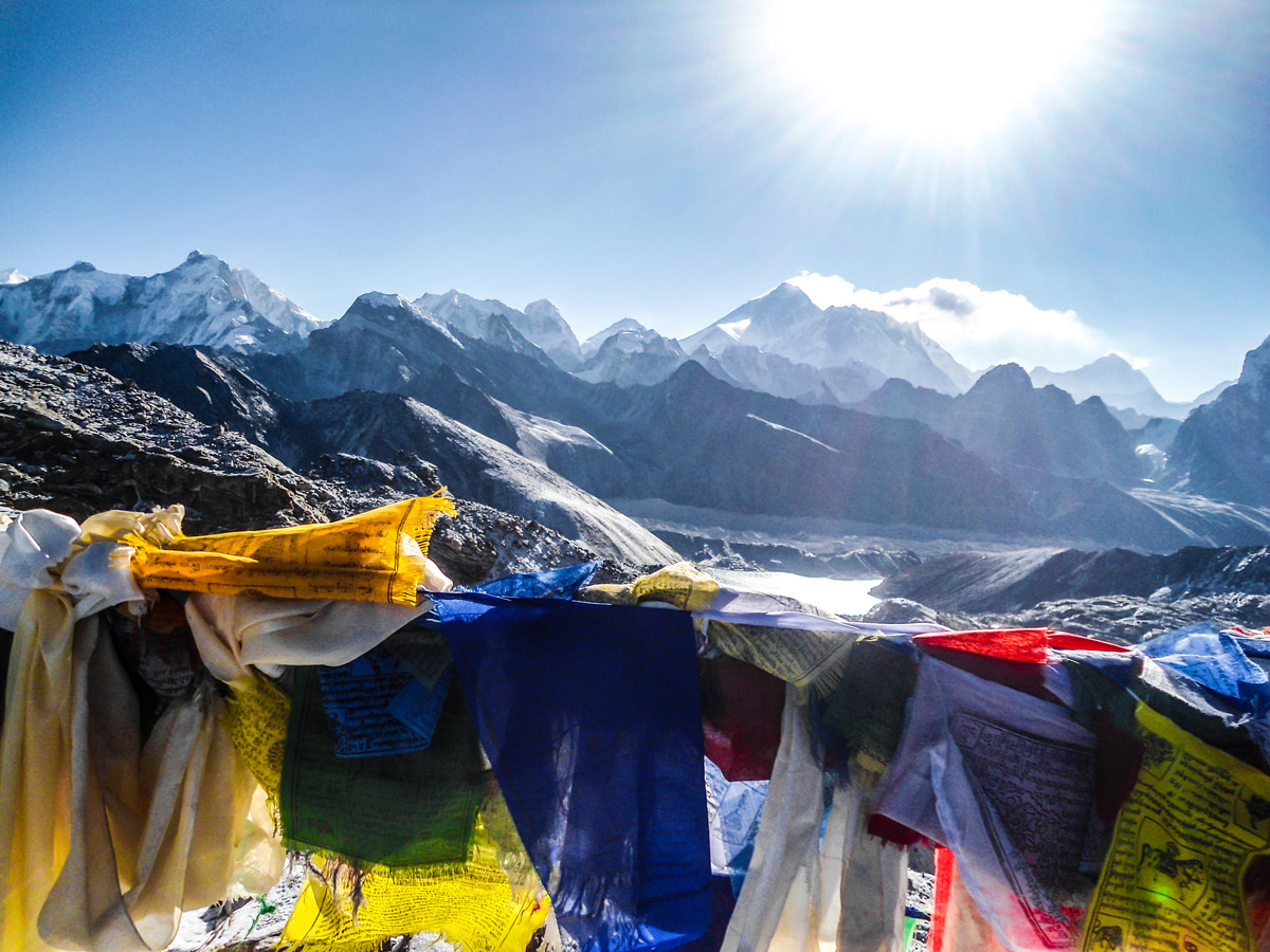 Prayer flags on Everest Base Camp and Gokyo Lake trek in Nepal