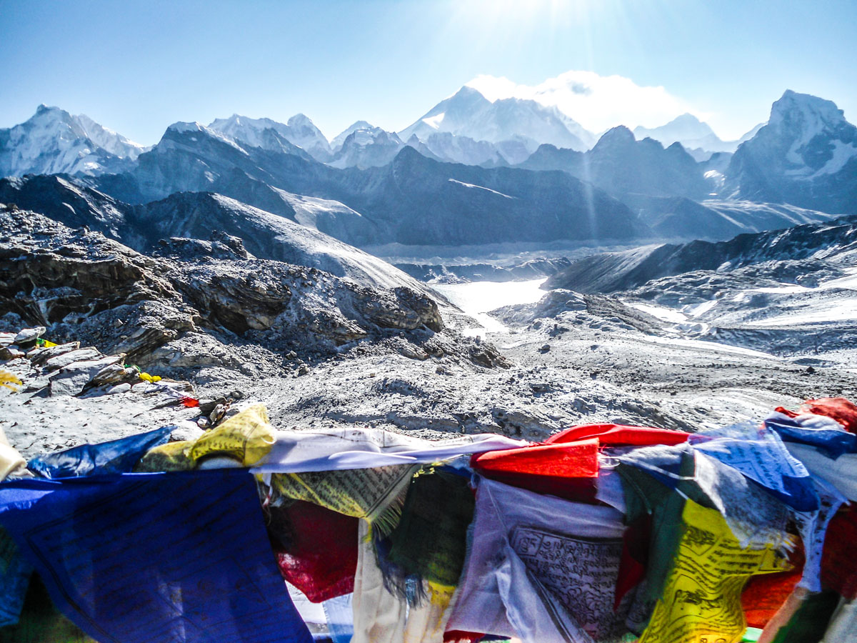 Prayer flags and beautiful mountains on Everest Base Camp and Gokyo Lake trek in Nepal