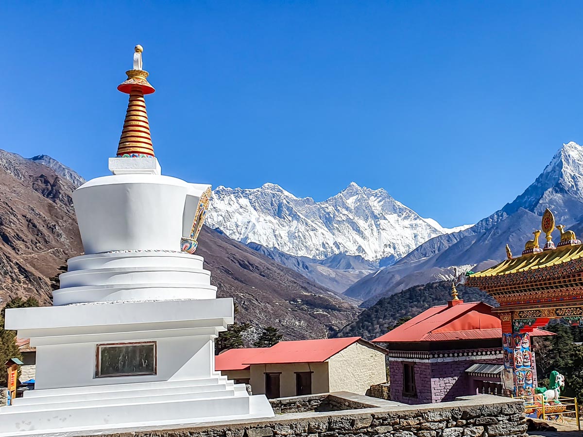 Beautiful Everest peak over the Sherpa village on Everest Panorama Trek in Nepal