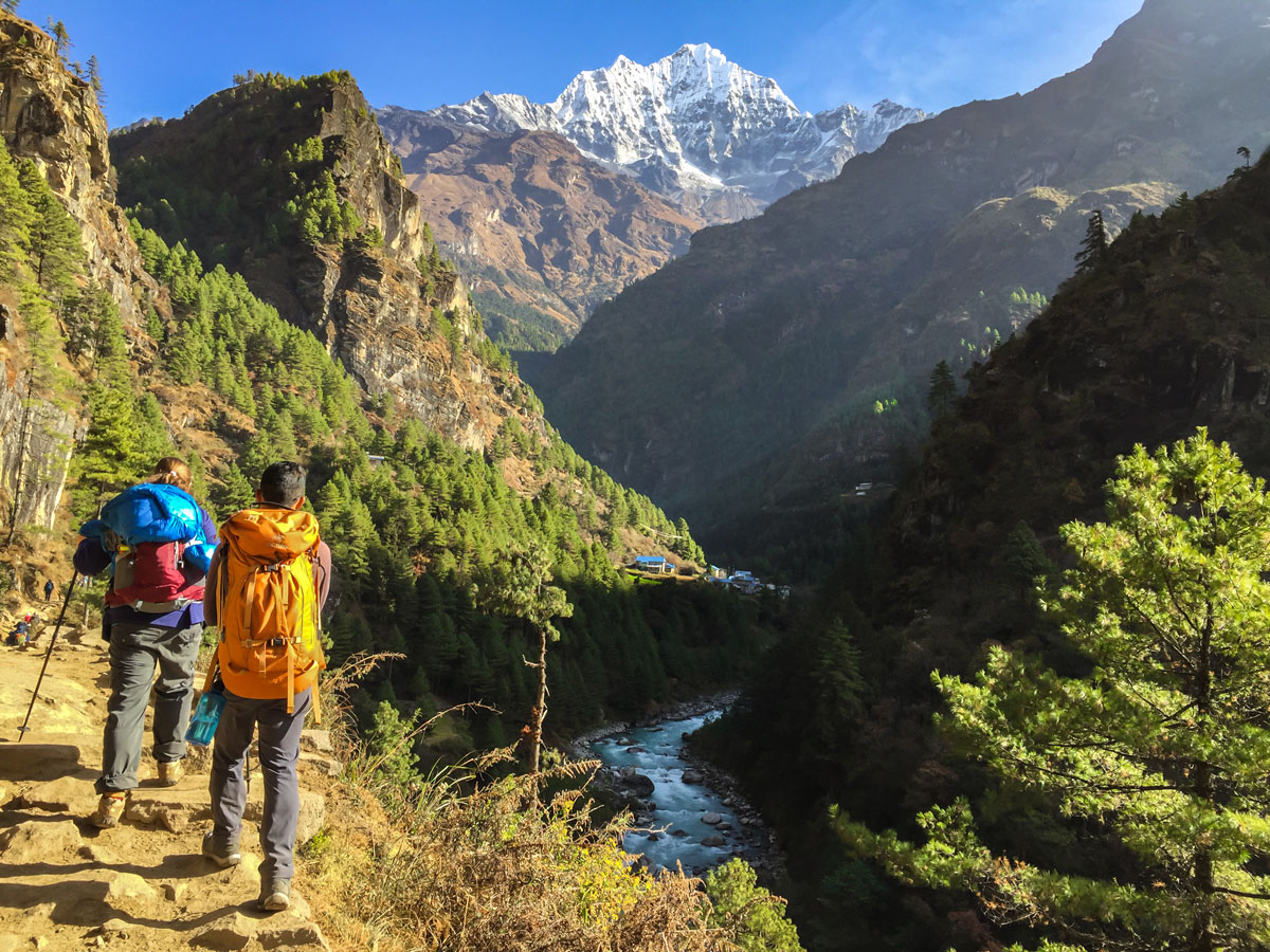 Hiking in the valley on Everest Panorama Trek in Nepal