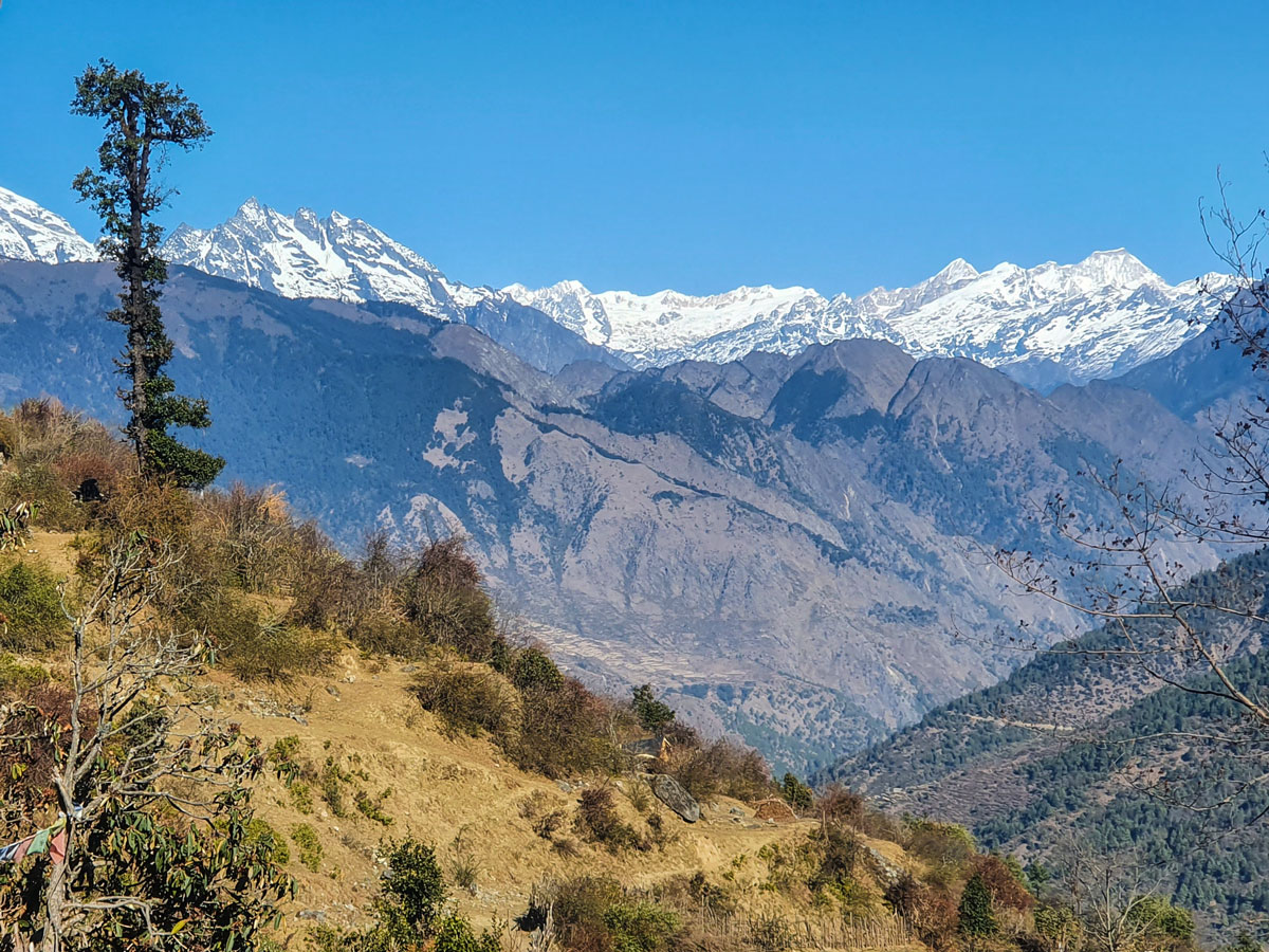 Looking at snowy peaks behind the Langtang valley on guided Langtang Trek in Nepal