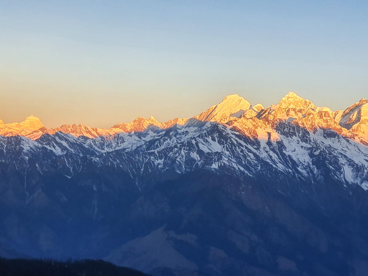 Sunset over the peaks of guided Langtang Trek in Nepal
