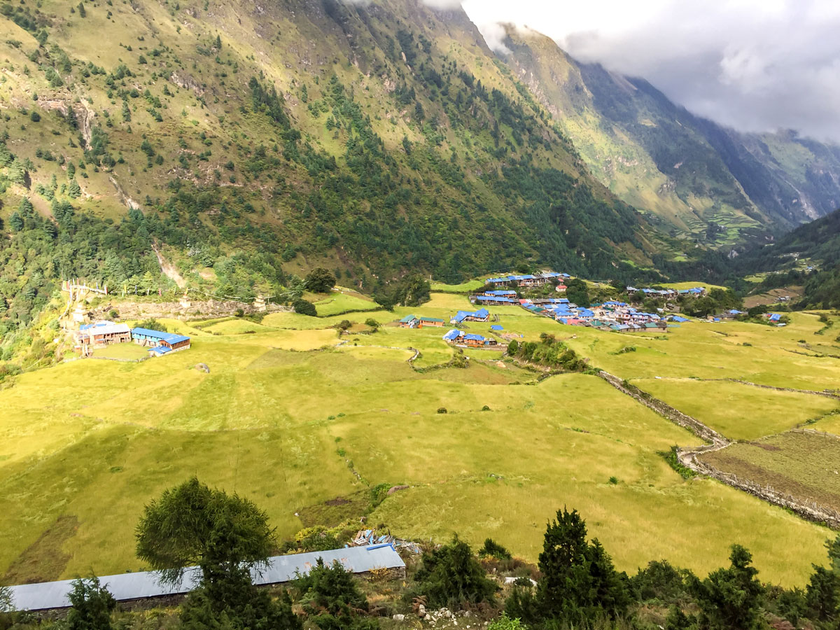 Local village in beautiful valley on Manaslu Circuit trek in Nepal