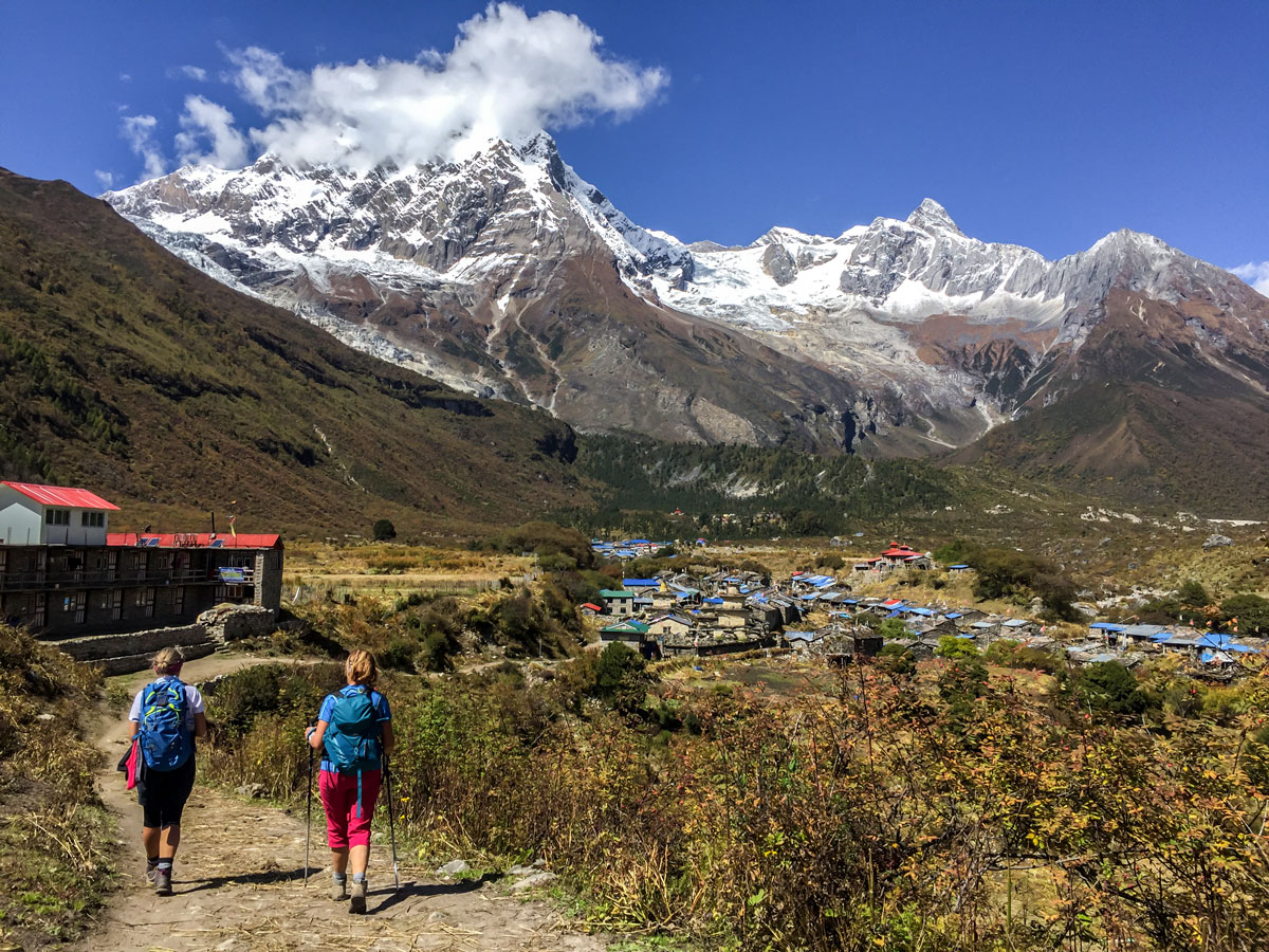Approaching village on Manaslu Circuit trek in Nepal