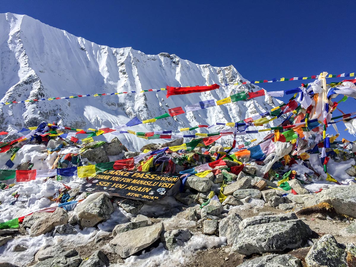 Prayer flags near Larke Pass on Manaslu Circuit trek in Nepal