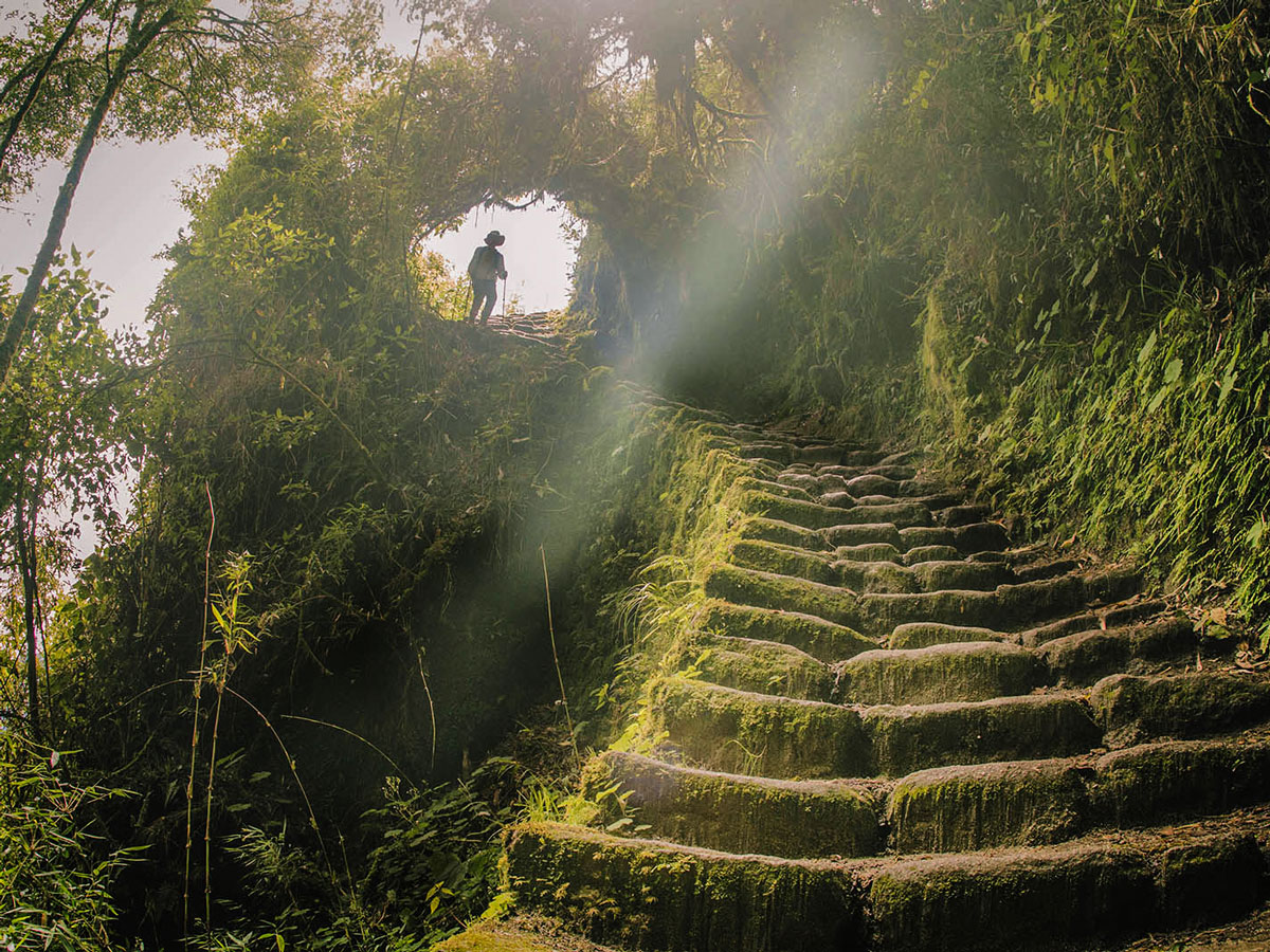 Rocky stairs of Inca Trail on Inca Trail to Machu Picchu near Cusco Peru