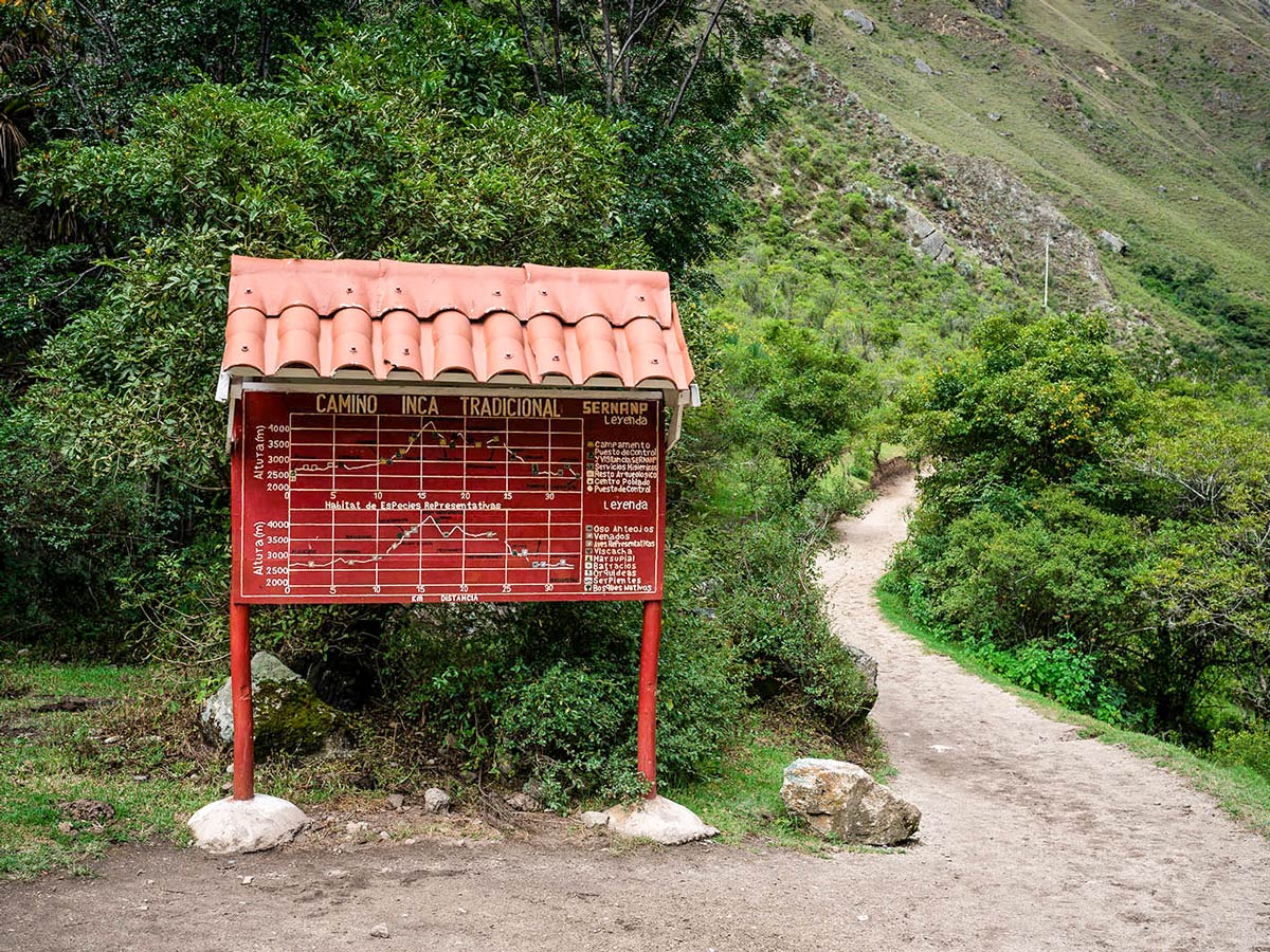 Information board on Inca Trail to Machu Picchu near Cusco Peru