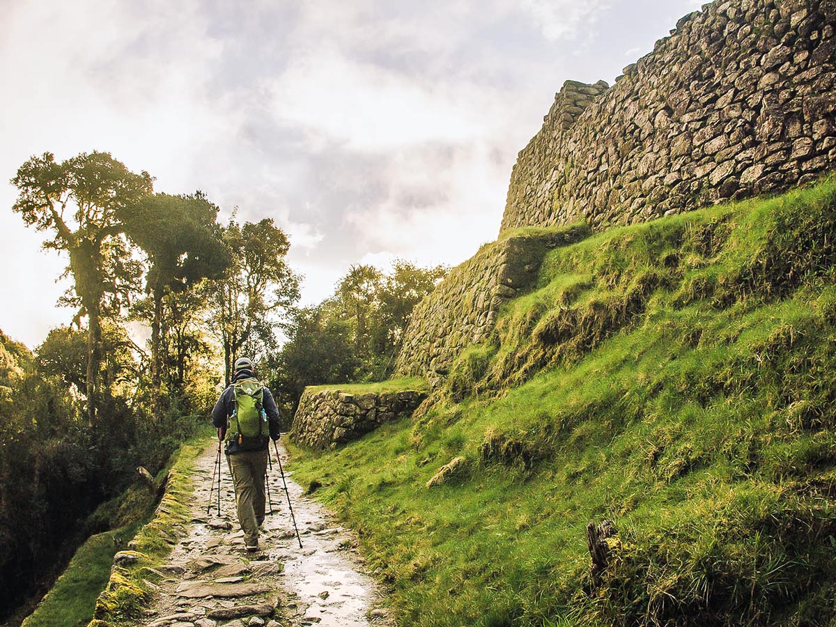 Hiker on Inca Trail to Machu Picchu near Cusco Peru