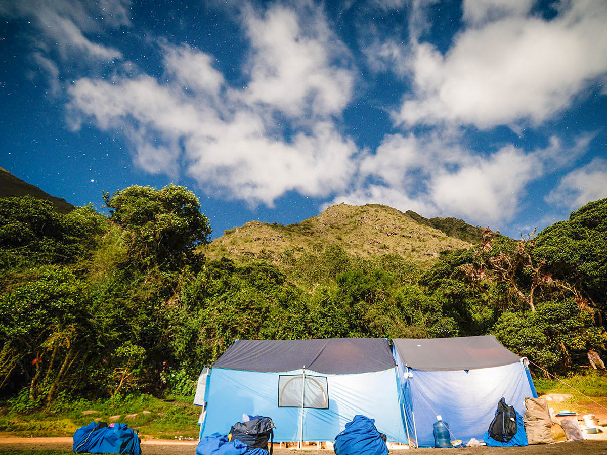 Tent set for lunch on Inca Trail to Machu Picchu near Cusco Peru