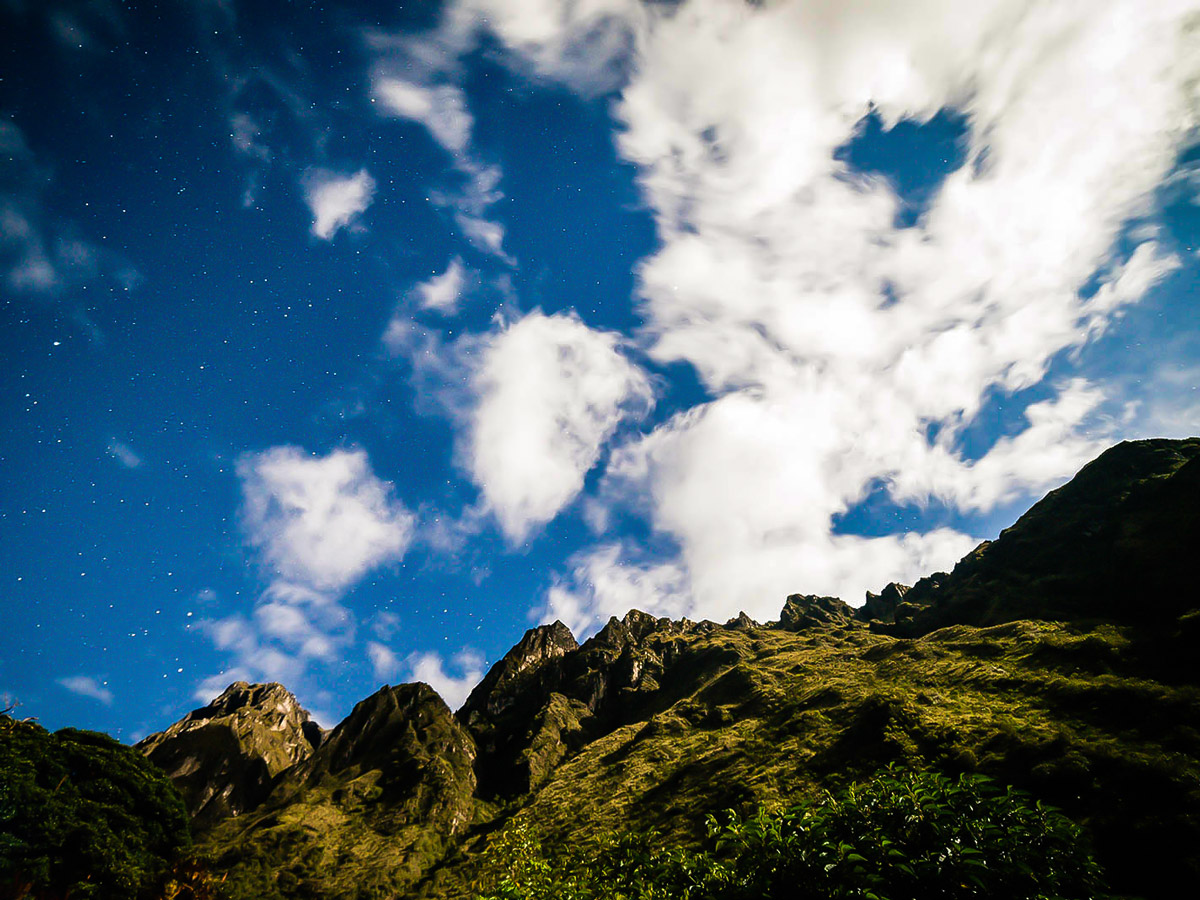 Rocky peaks and cloudy sky on Inca Trail to Machu Picchu near Cusco Peru