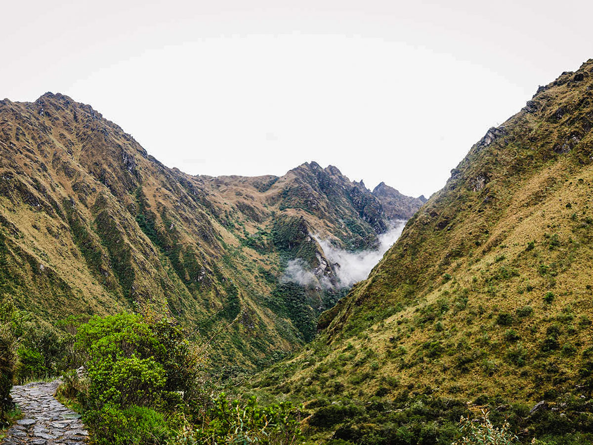 Views near Dead Womans Pass on Inca Trail to Machu Picchu near Cusco Peru