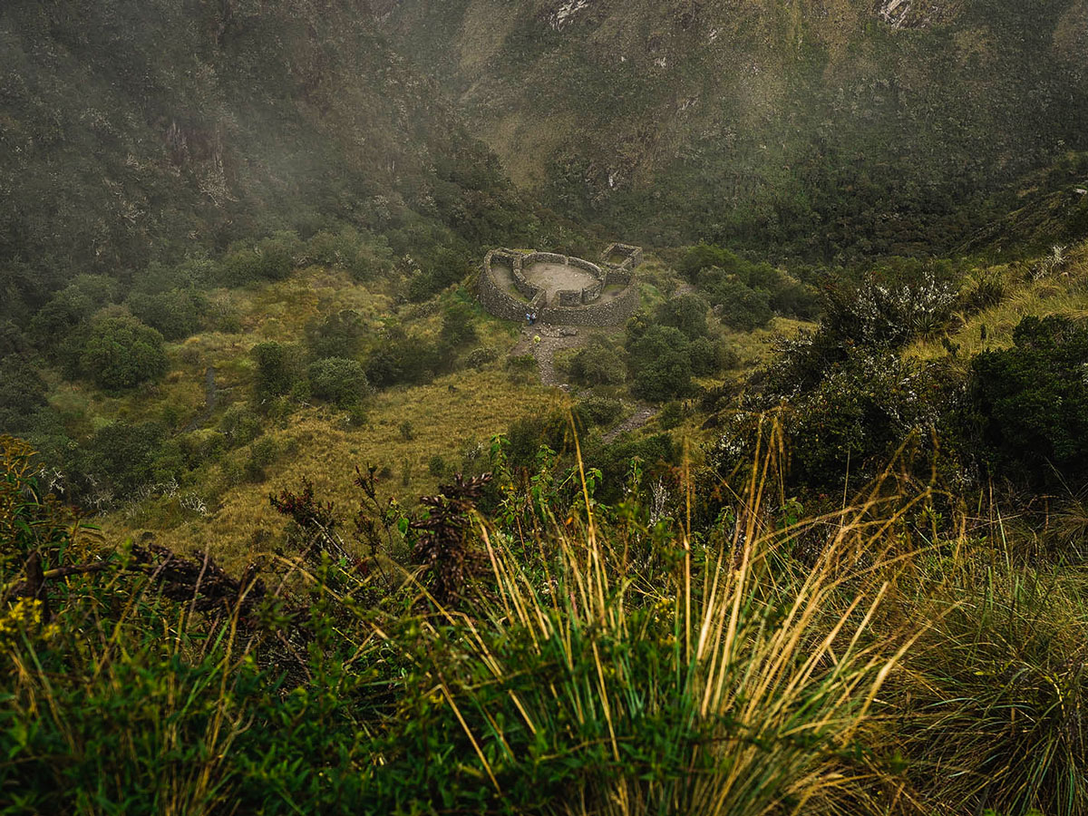 Looking down on Runkurakay Archeological Site on Inca Trail to Machu Picchu near Cusco Peru