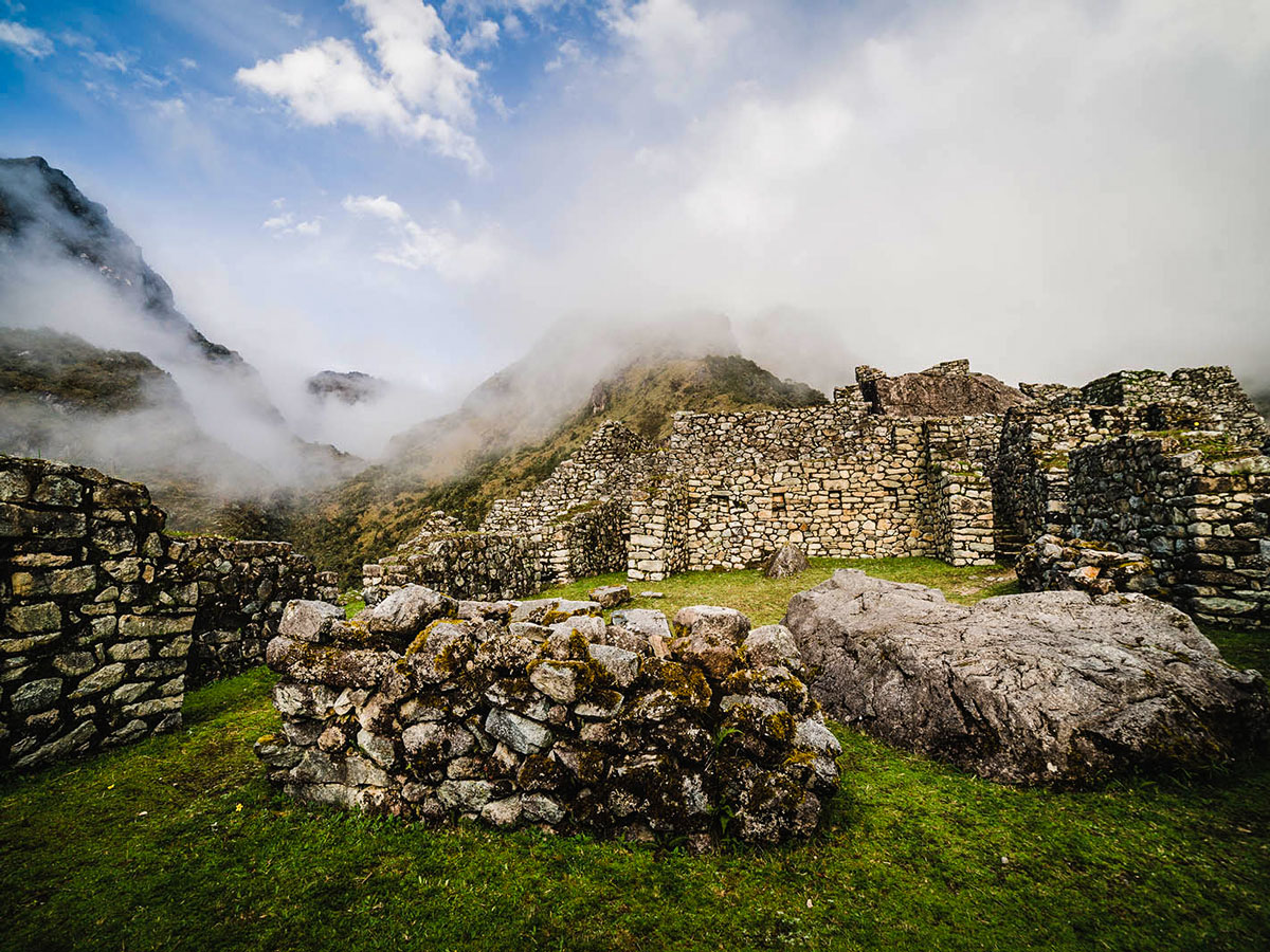 Archeological site along Inca Trail to Machu Picchu near Cusco Peru