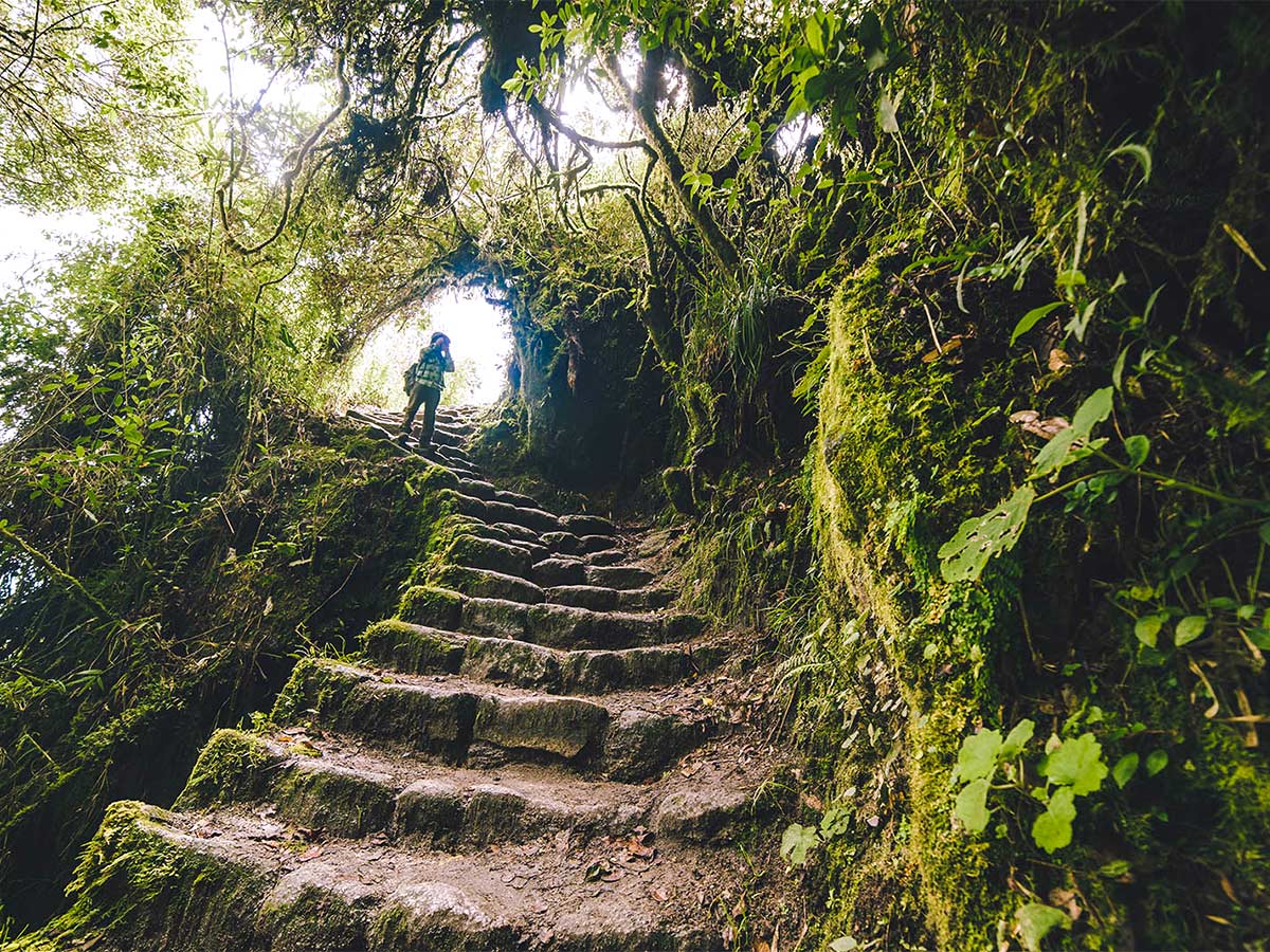 There are lots of stairs on Inca Trail to Machu Picchu near Cusco Peru