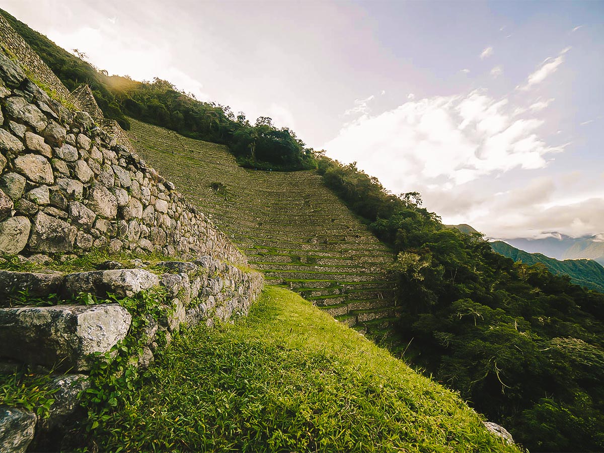 Beautiful archeological site on Inca Trail to Machu Picchu near Cusco Peru