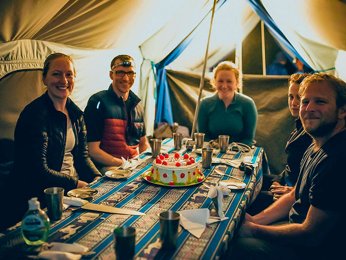 Birthday celebration on Inca Trail to Machu Picchu near Cusco Peru