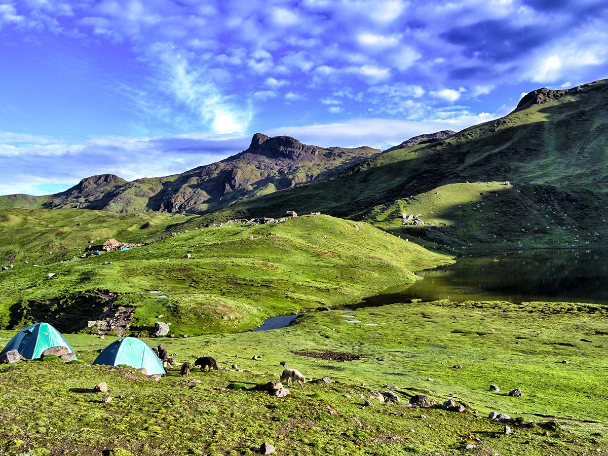 Camping surrounded by nature on Lares Trek to Machu Picchu near Cusco Peru